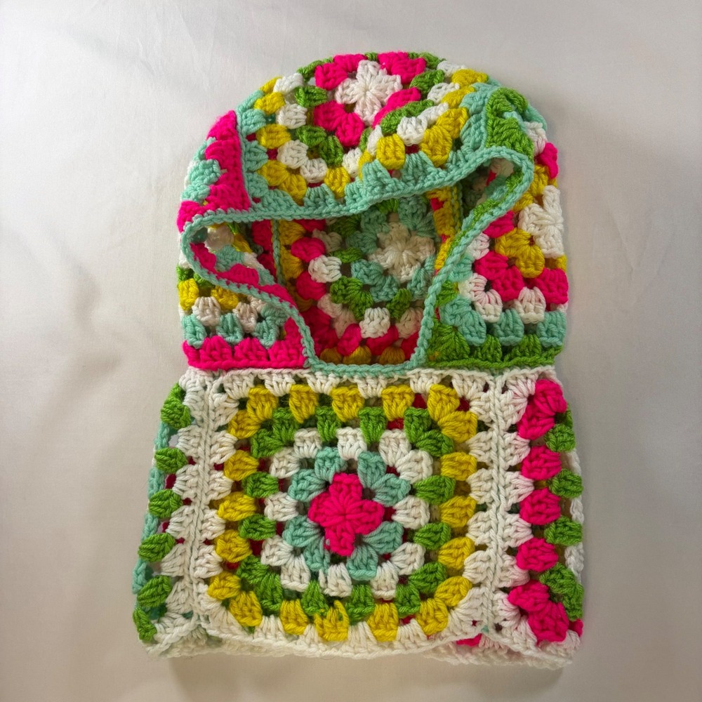 Handmade Crochet Granny Square Balaclava Hood Neck Warmer Multi-Color Boho